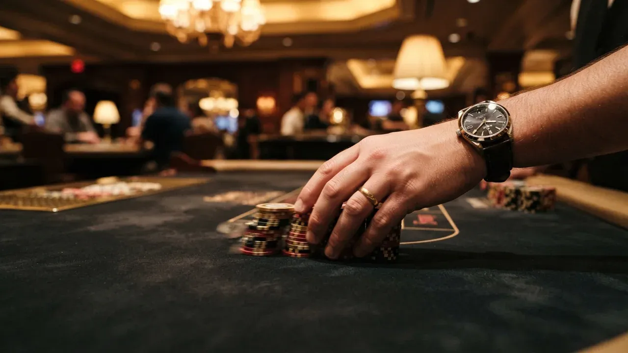 A hand wearing a watch and ring reaches for poker chips on a dark casino table.