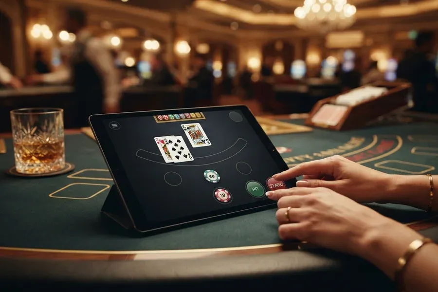 Hands tap a tablet displaying playing cards and circular buttons on a casino table beside a glass of amber liquid.