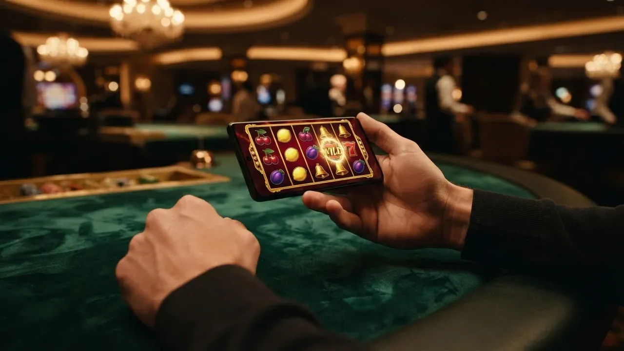 A person holds a phone displaying a slot game above a green felt table in a warmly lit casino.