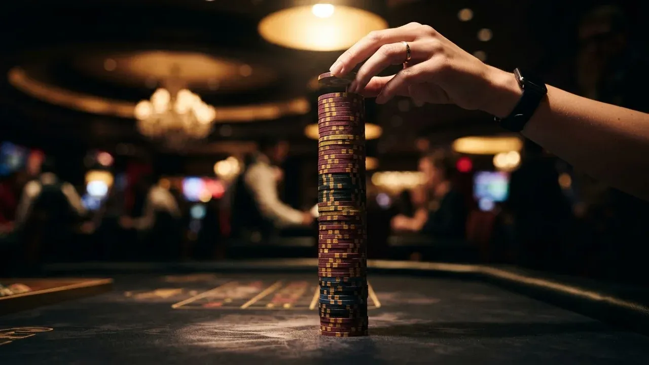 A hand steadies a tall stack of poker chips on a casino table.